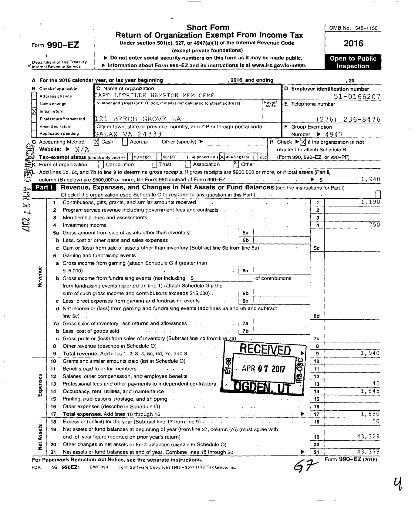 Image of first page of 2016 Form 990EO for Capt Litrille Hampton Mem Ceme