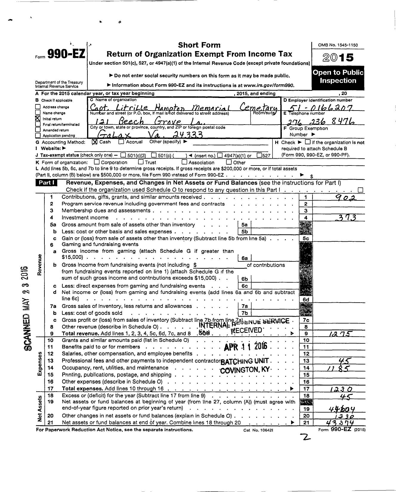 Image of first page of 2015 Form 990EO for Capt Litrille Hampton Mem Ceme