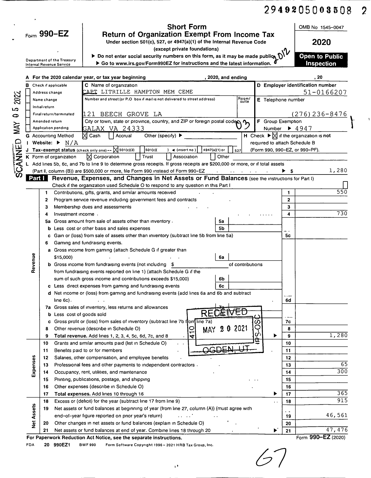 Image of first page of 2020 Form 990EZ for Capt Litrille Hampton Mem Ceme