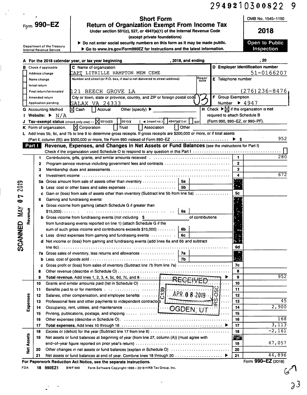 Image of first page of 2018 Form 990EZ for Capt Litrille Hampton Mem Ceme