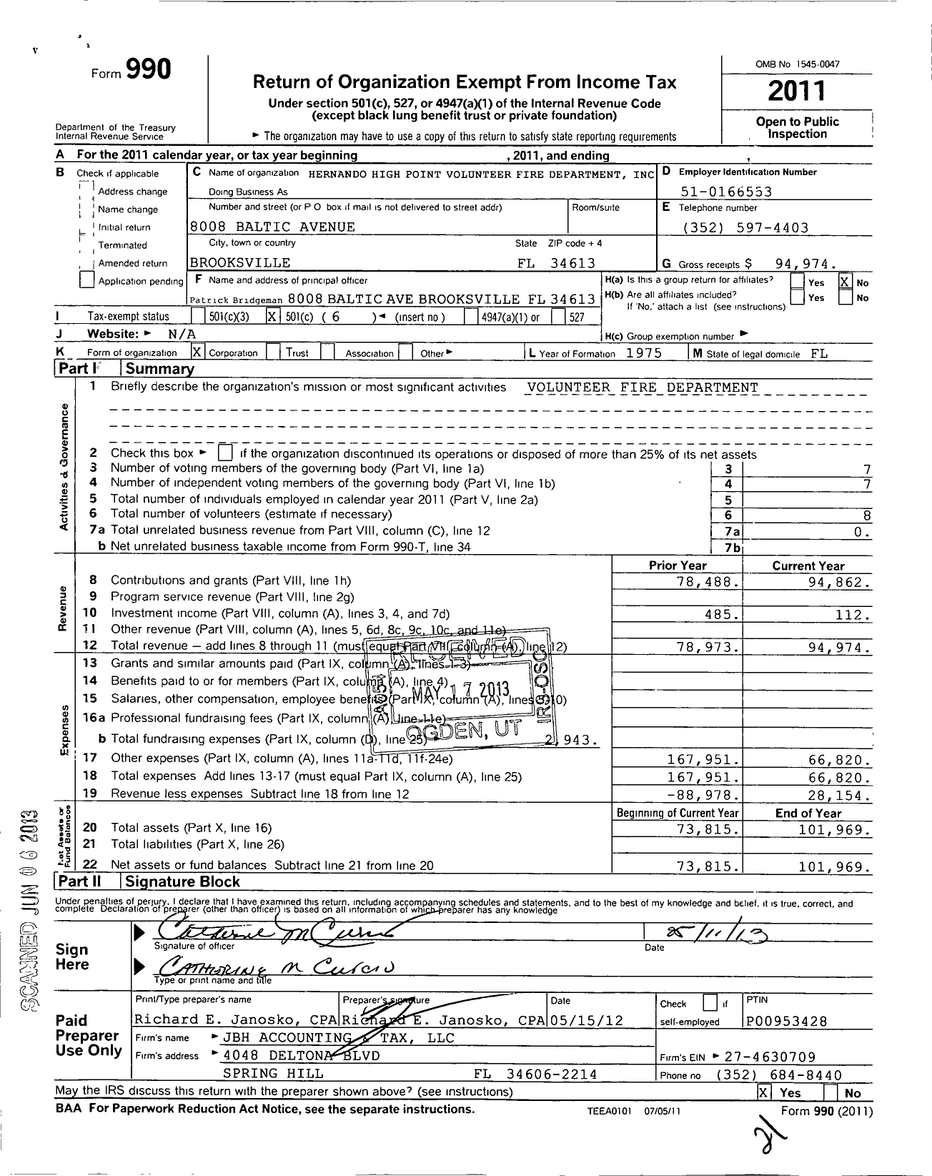 Image of first page of 2011 Form 990O for Hernando High Point Volunteer Fire Department