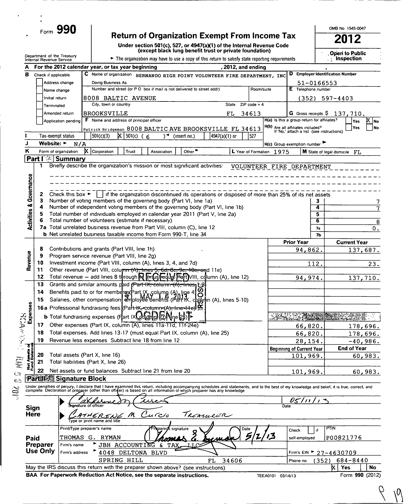 Image of first page of 2012 Form 990O for Hernando High Point Volunteer Fire Department