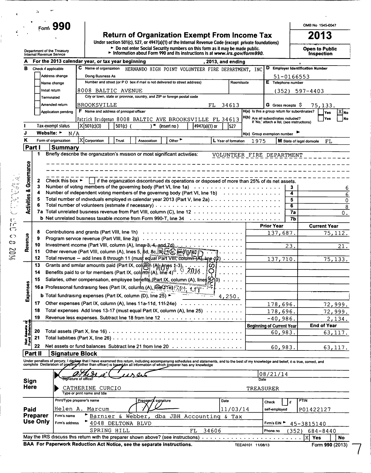 Image of first page of 2013 Form 990 for Hernando High Point Volunteer Fire Department