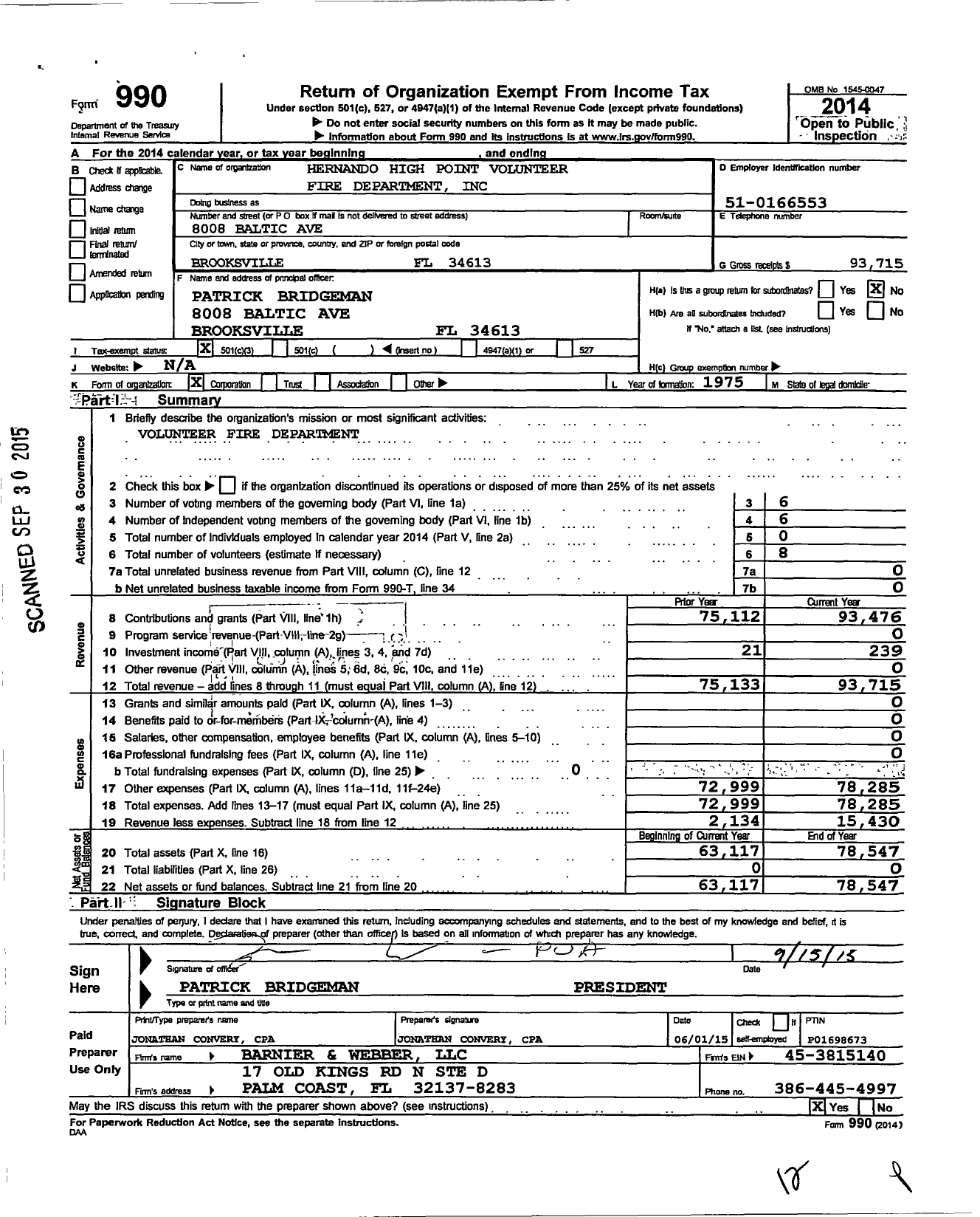 Image of first page of 2014 Form 990 for Hernando High Point Volunteer Fire Department