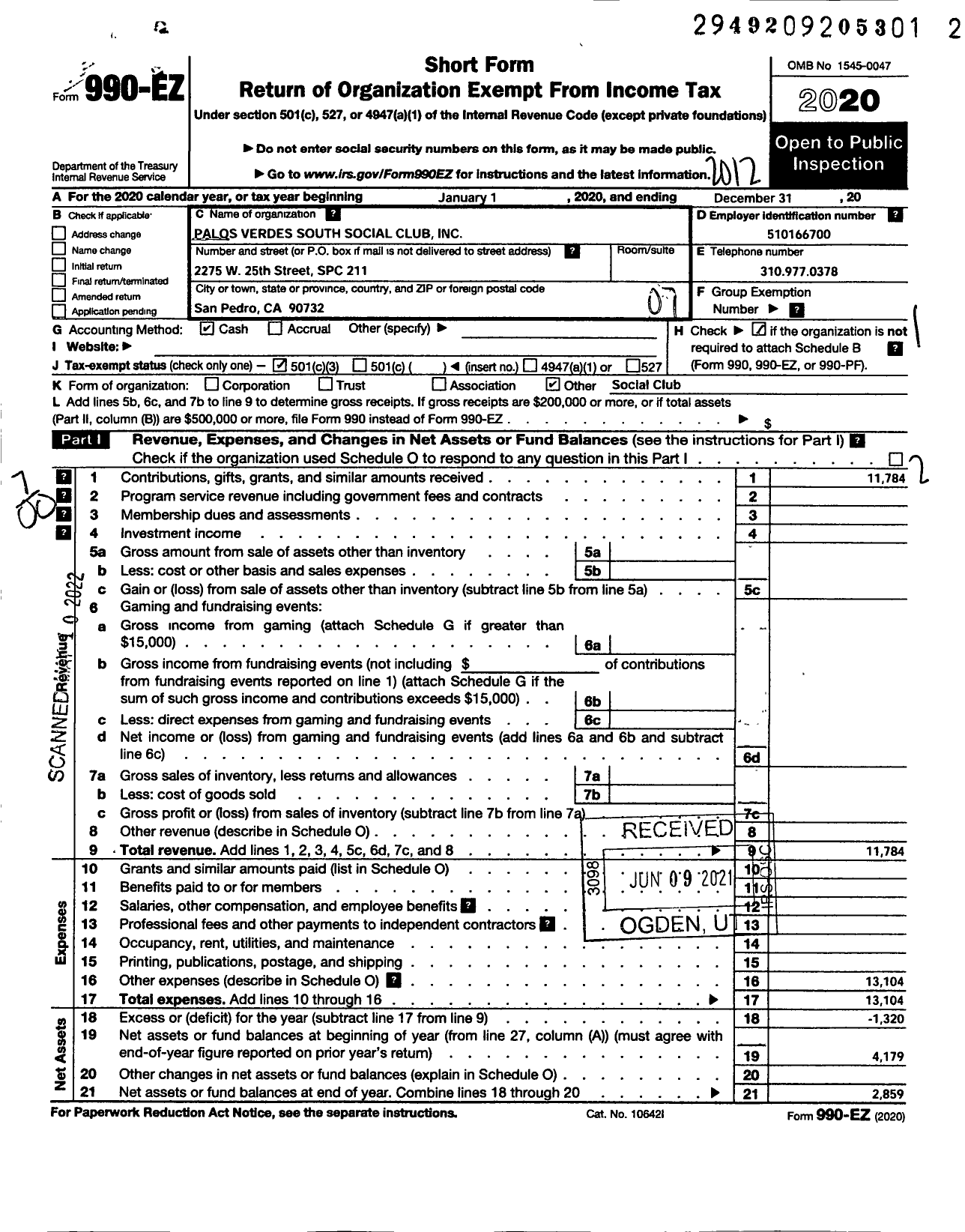 Image of first page of 2020 Form 990EO for Palos Verdes South Shores Club