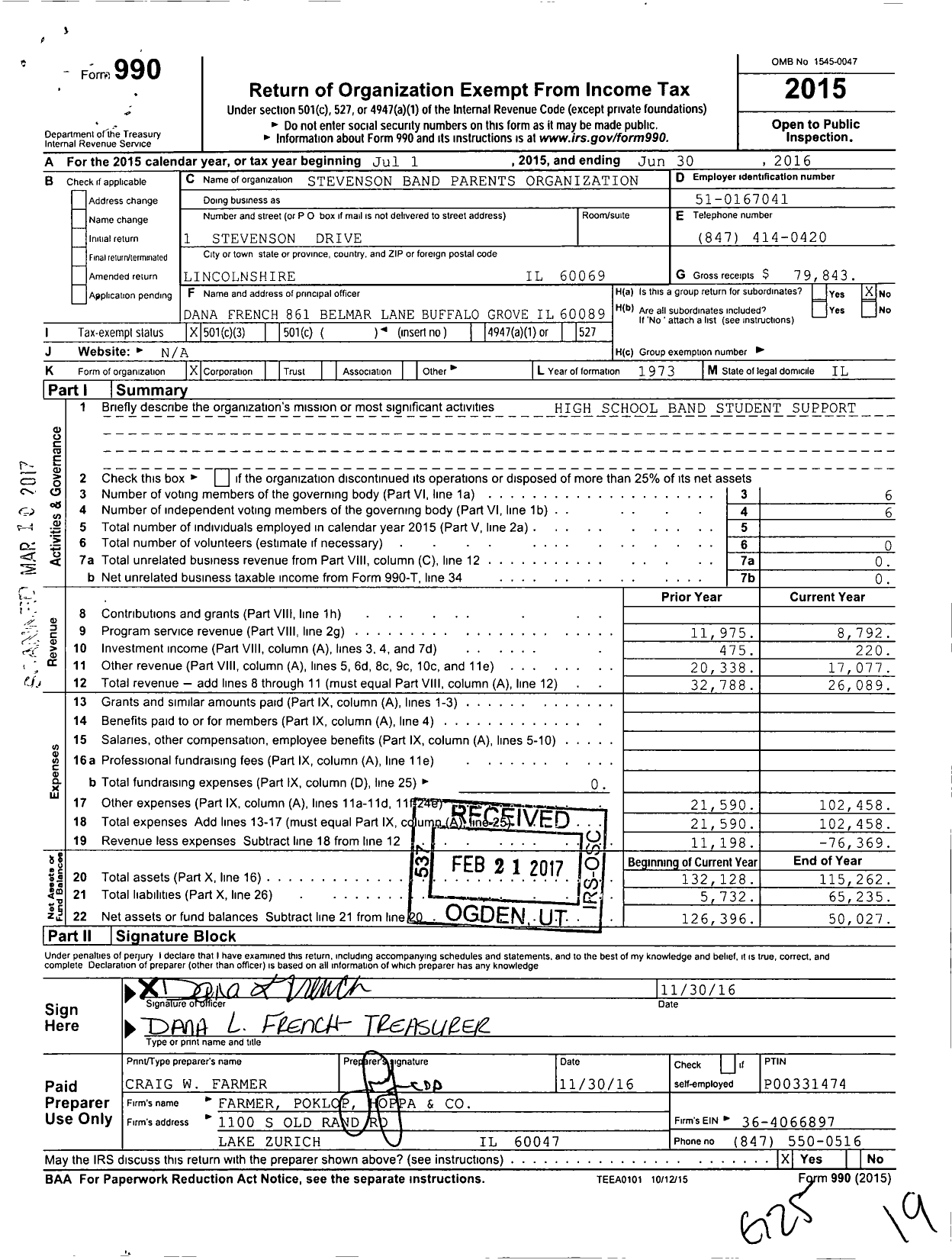 Image of first page of 2015 Form 990 for Stevenson Band Parents Organization