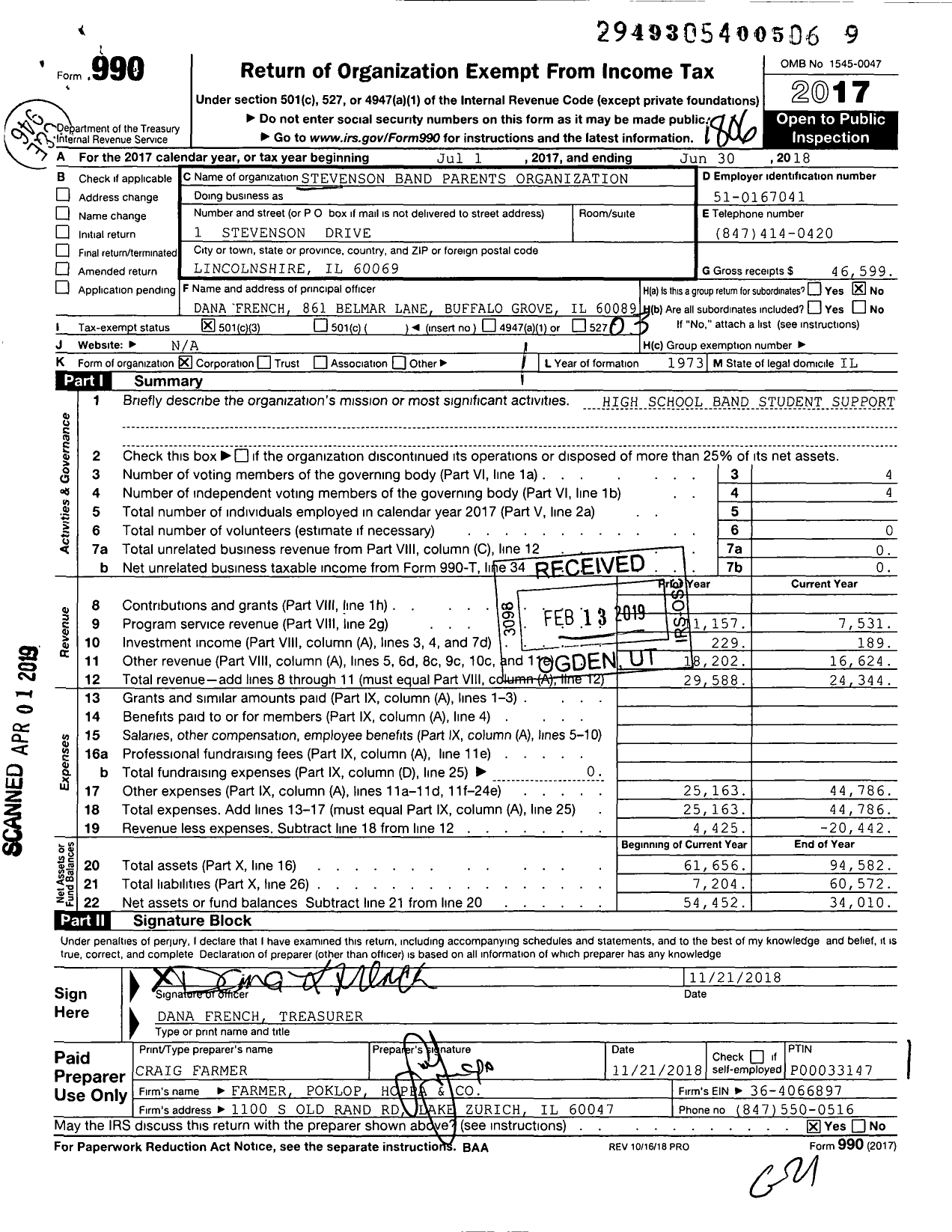 Image of first page of 2017 Form 990 for Stevenson Band Parents Organization