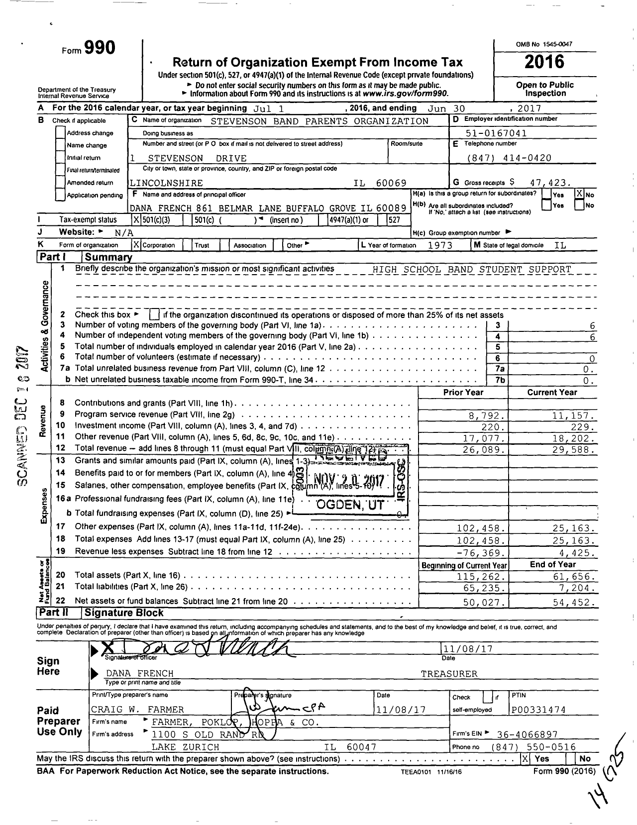 Image of first page of 2016 Form 990 for Stevenson Band Parents Organization