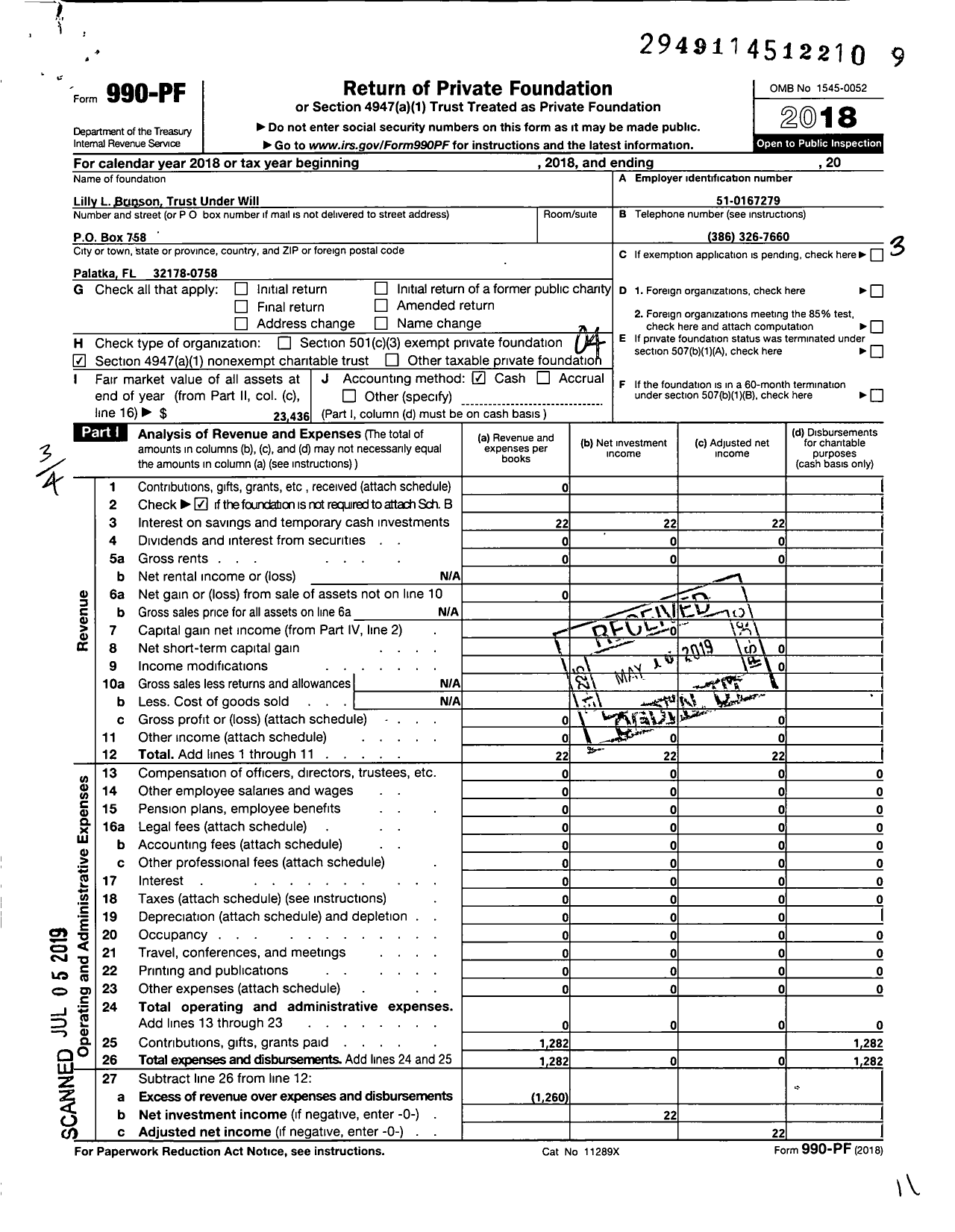 Image of first page of 2018 Form 990PF for Lilly L Brinson Trust Under Will