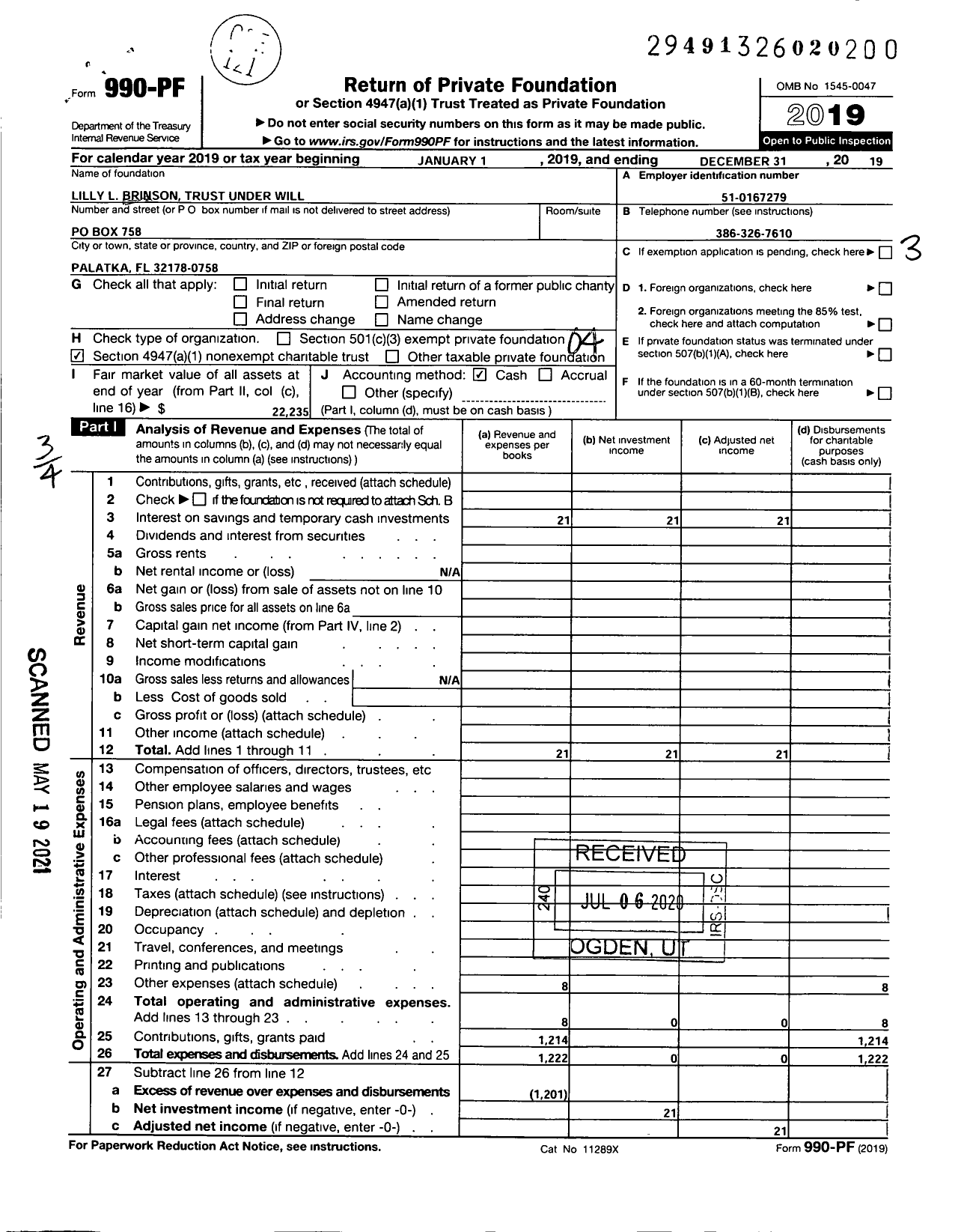 Image of first page of 2019 Form 990PF for Lilly L Brinson Trust Under Will