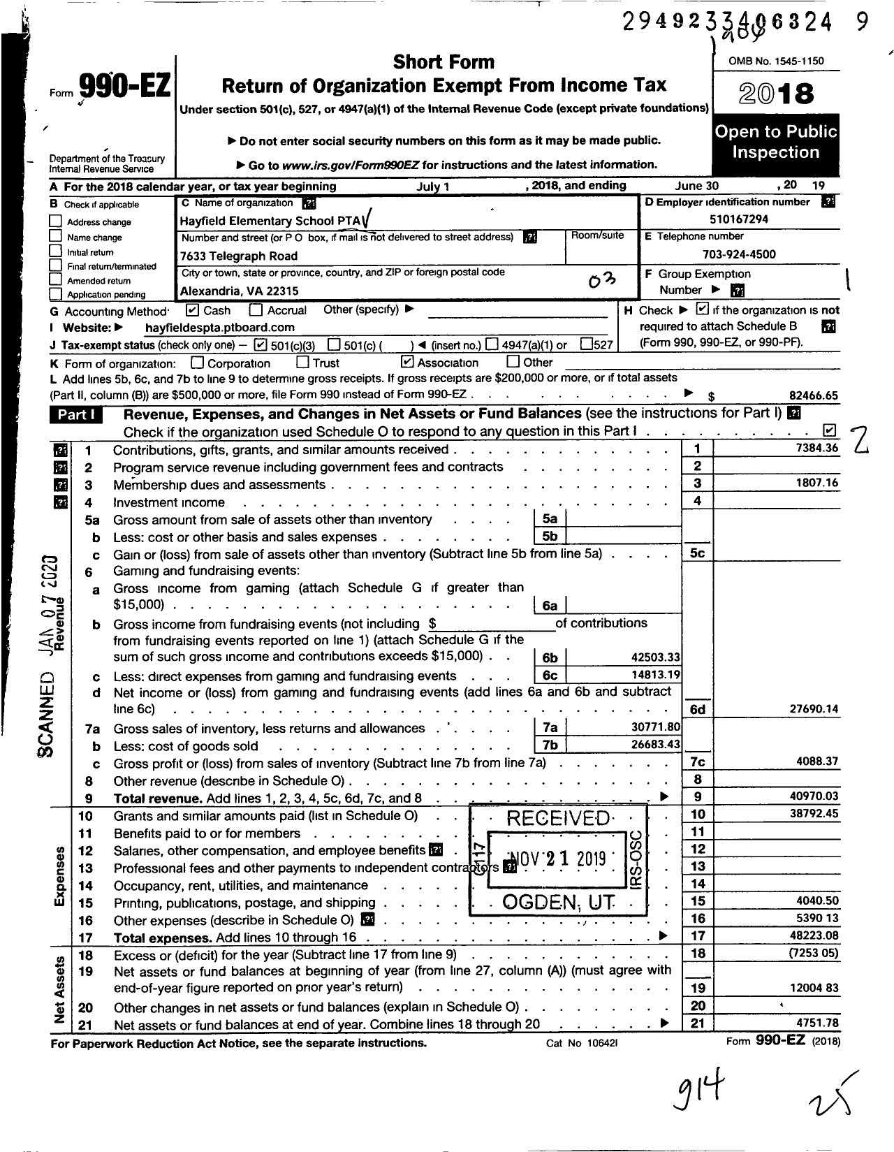 Image of first page of 2018 Form 990EZ for Virginia PTA - Hayfield Elementary School PTA