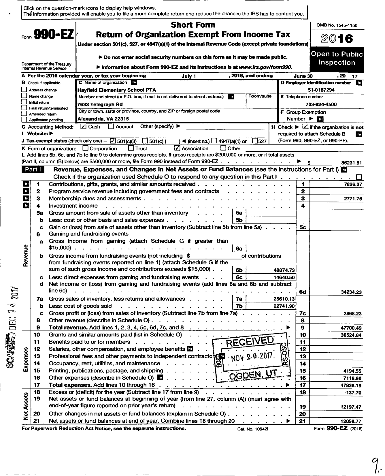 Image of first page of 2016 Form 990EZ for Virginia PTA - Hayfield Elementary School PTA