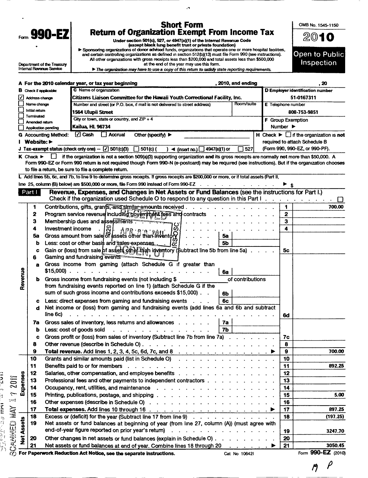 Image of first page of 2010 Form 990EZ for Citizens Liaison Committee for the Hawaii Youth Correctional Facility