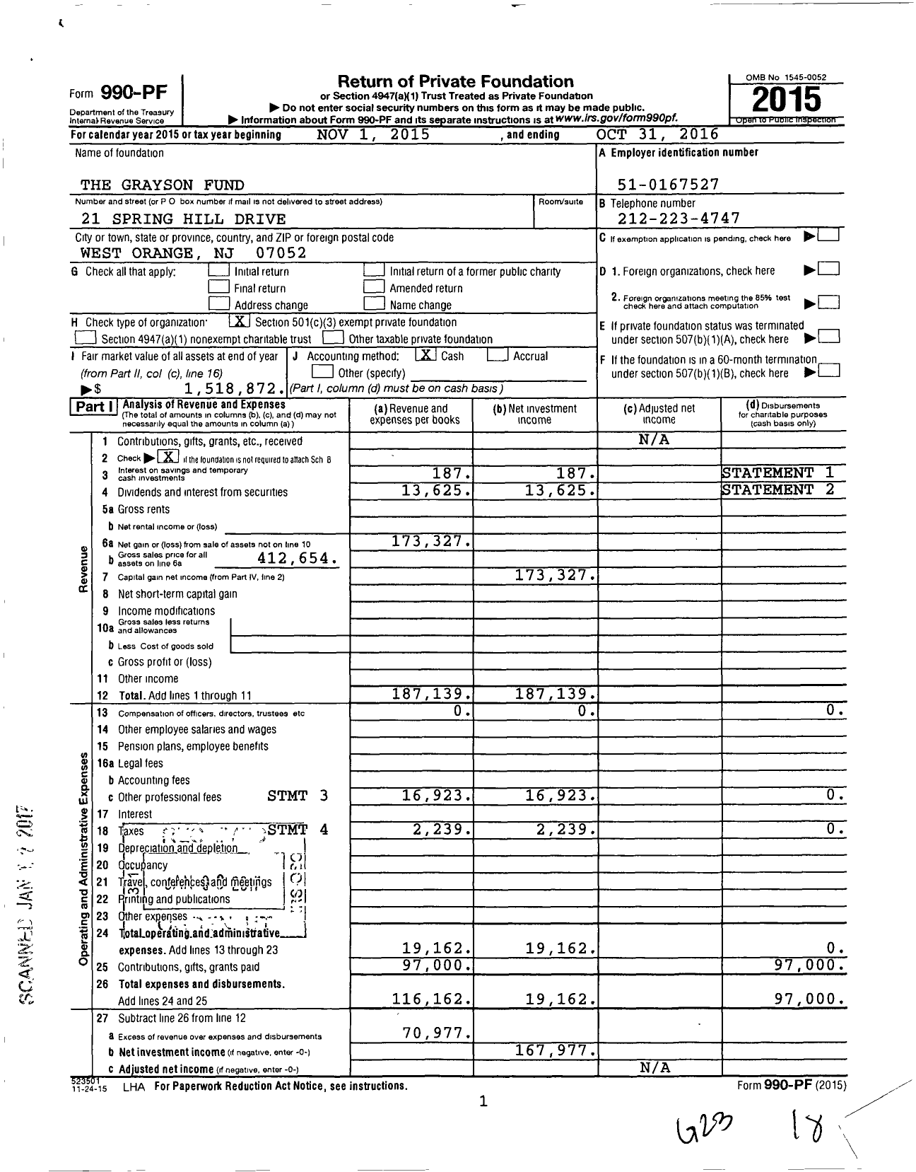 Image of first page of 2015 Form 990PF for The Grayson Foundation