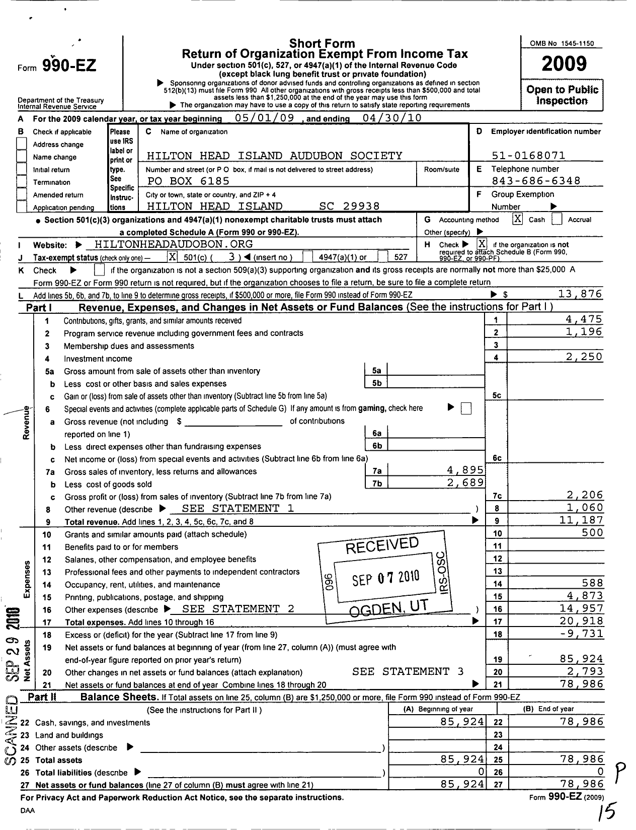 Image of first page of 2009 Form 990EZ for Hilton HEAD AUDUBON