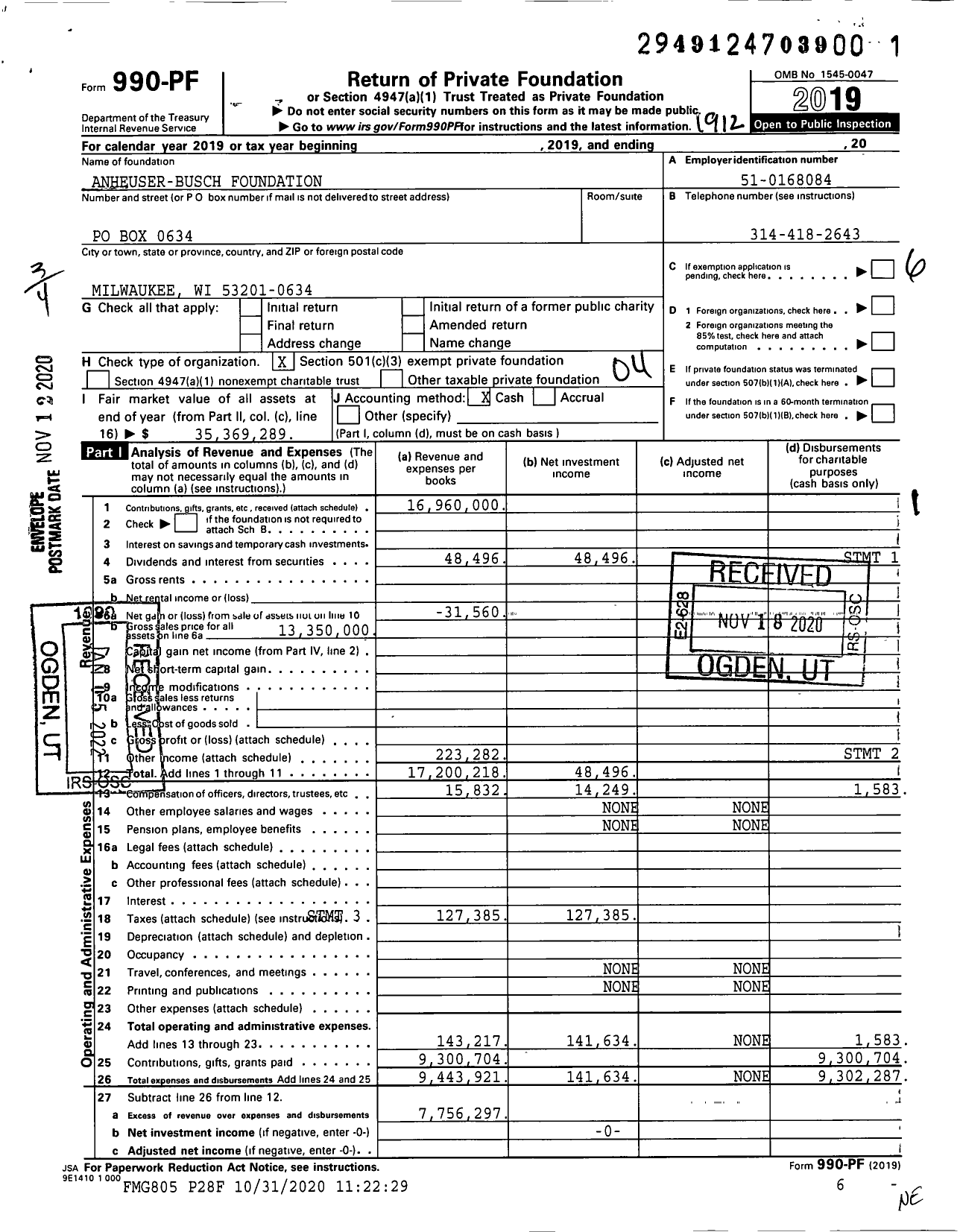 Image of first page of 2019 Form 990PF for Anheuser-Busch Foundation XXX-XX-XXXX