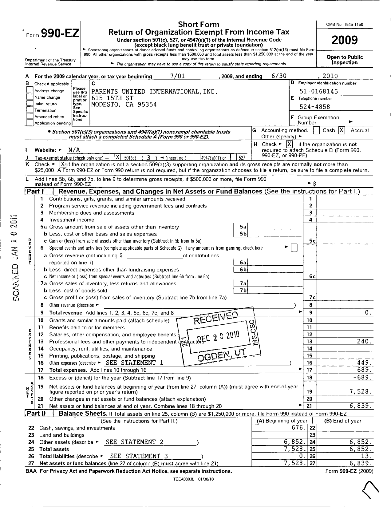 Image of first page of 2009 Form 990EZ for Parents United International Incorporated