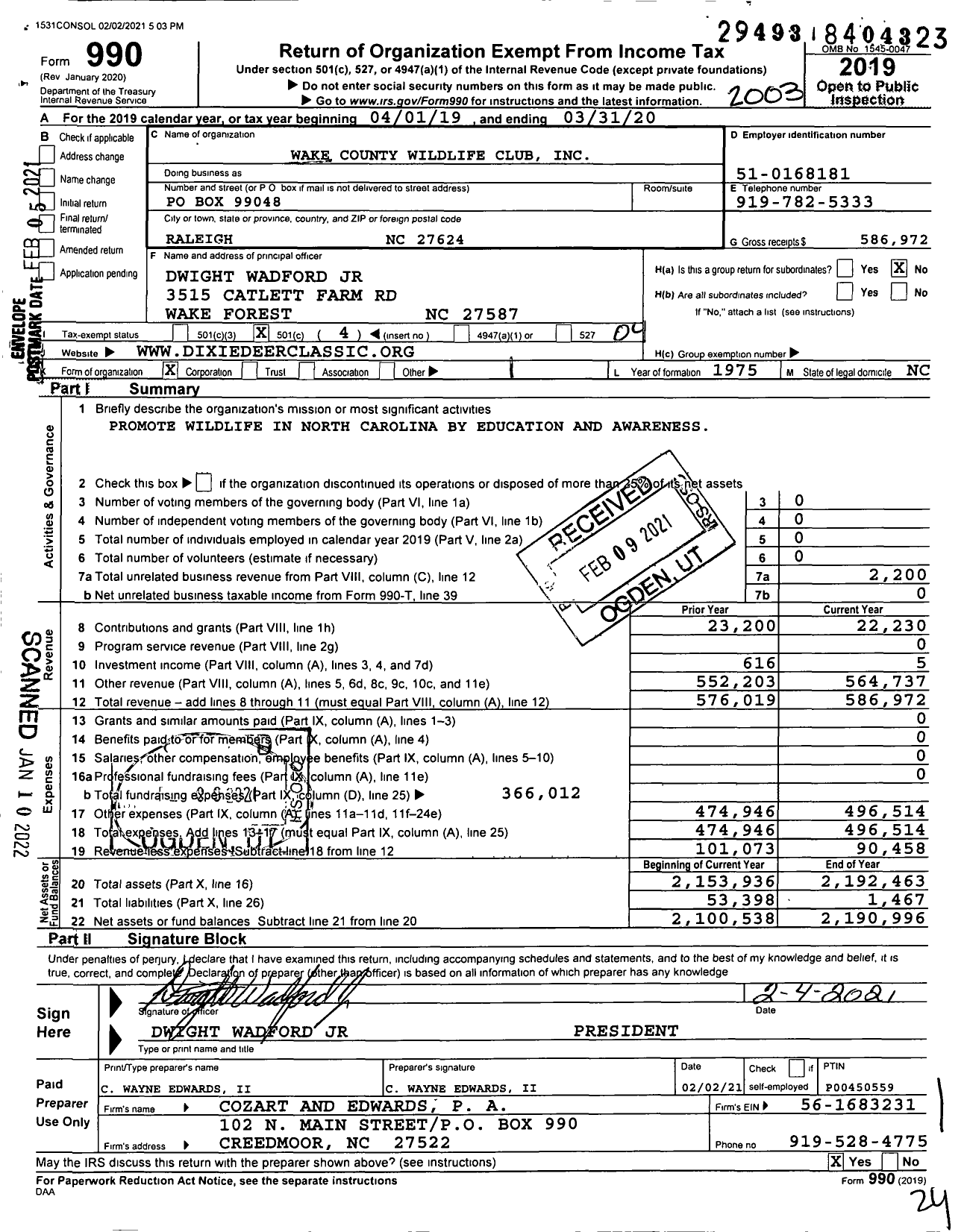 Image of first page of 2019 Form 990O for Wake County Wildlife Club