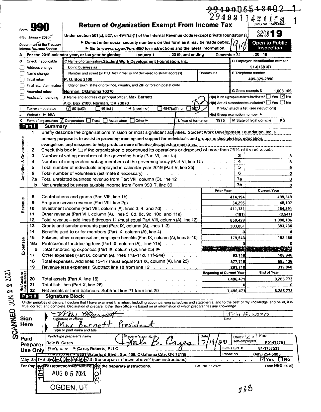 Image of first page of 2019 Form 990 for Student Work Development Foundation