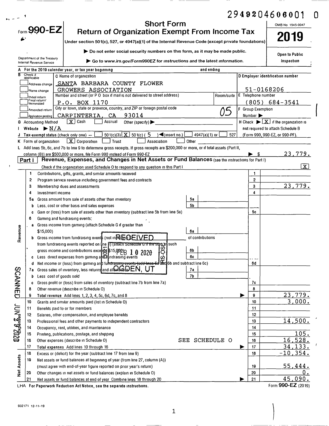 Image of first page of 2019 Form 990EO for Santa Barbara County Flower Growers Association