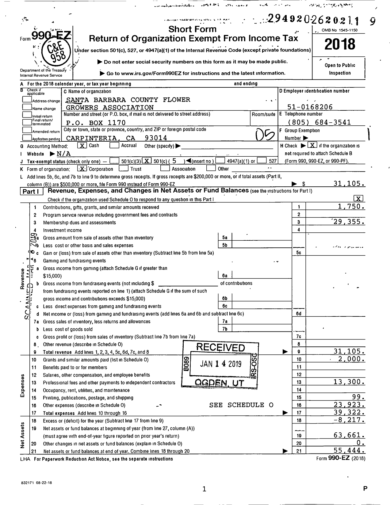 Image of first page of 2018 Form 990EO for Santa Barbara County Flower Growers Association