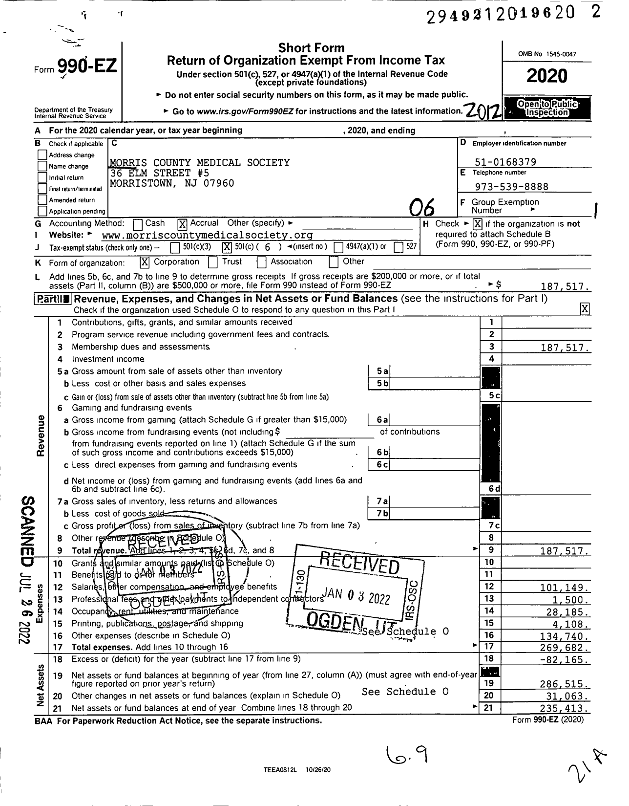 Image of first page of 2020 Form 990EO for Morris County Medical Society