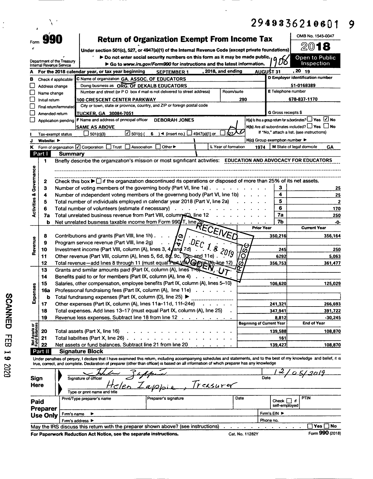 Image of first page of 2018 Form 990O for Organization of Dekalb Educators