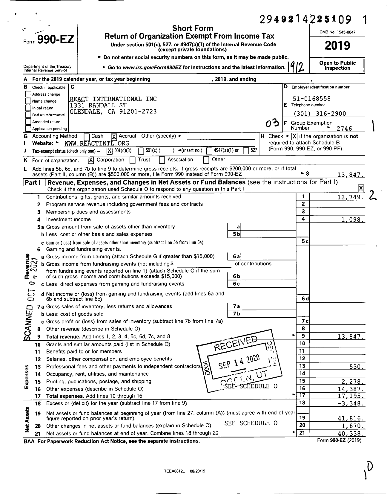 Image of first page of 2019 Form 990EZ for React International / 6051 Emergency Services React