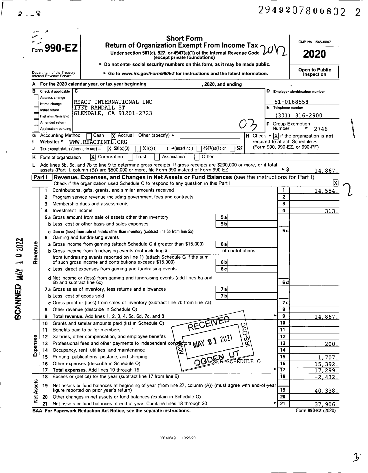 Image of first page of 2020 Form 990EZ for React International / 6051 Emergency Services React