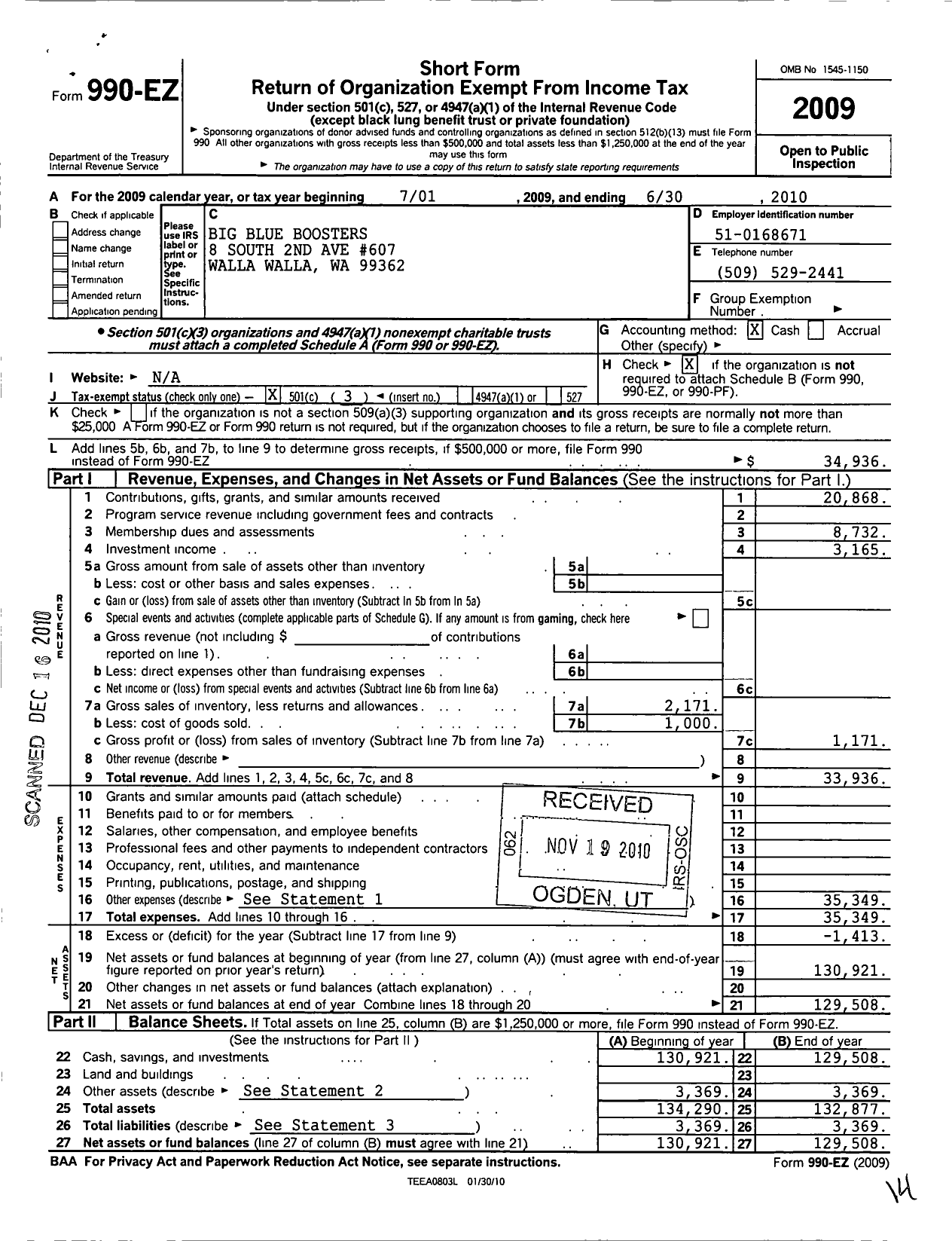 Image of first page of 2009 Form 990EZ for Big Blue Boosters of Walla