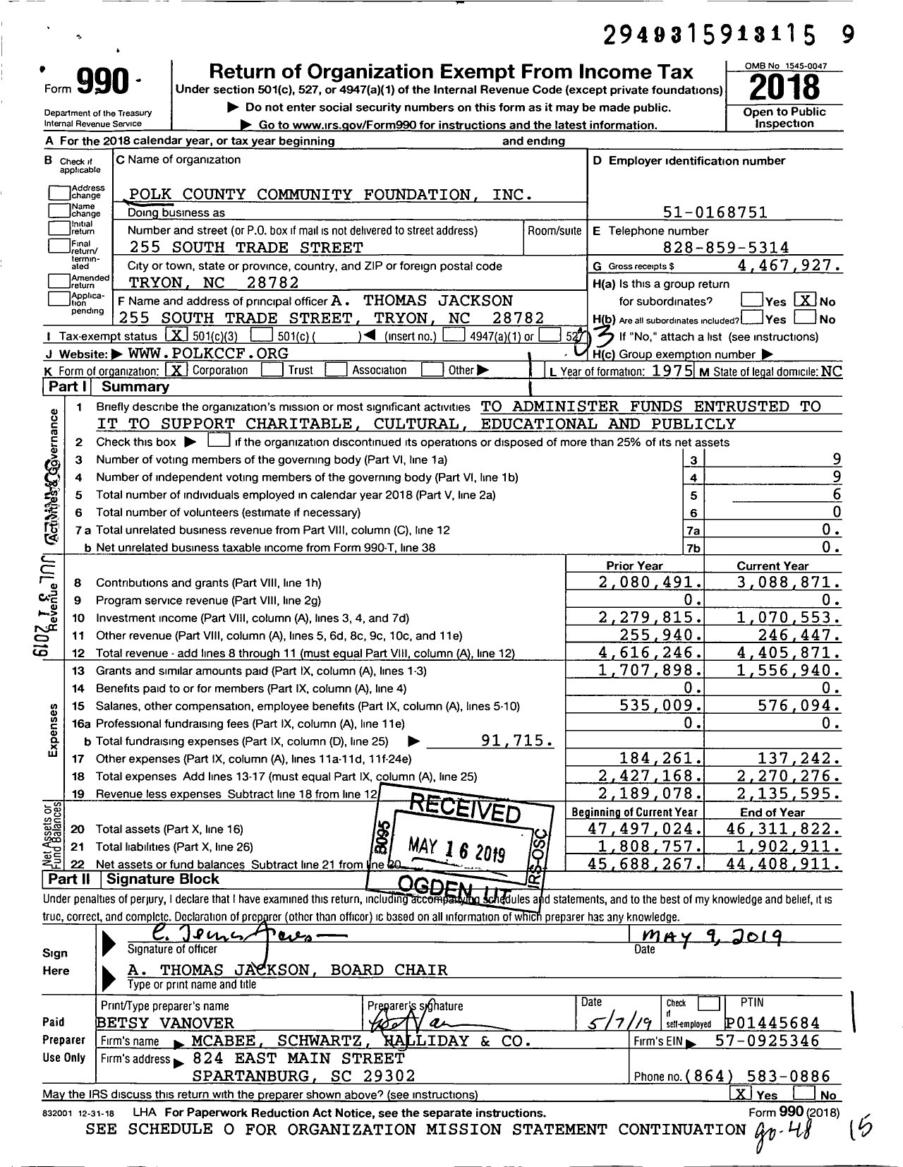 Image of first page of 2018 Form 990 for Polk County Community Foundation