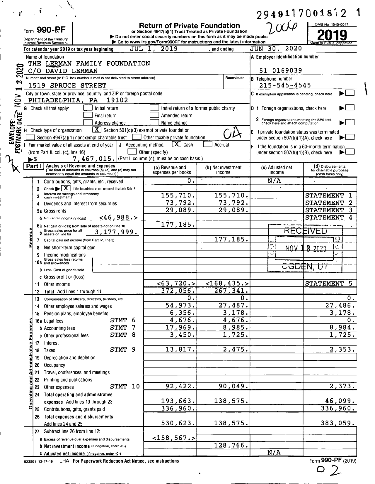 Image of first page of 2019 Form 990PF for The Lerman Family Foundation