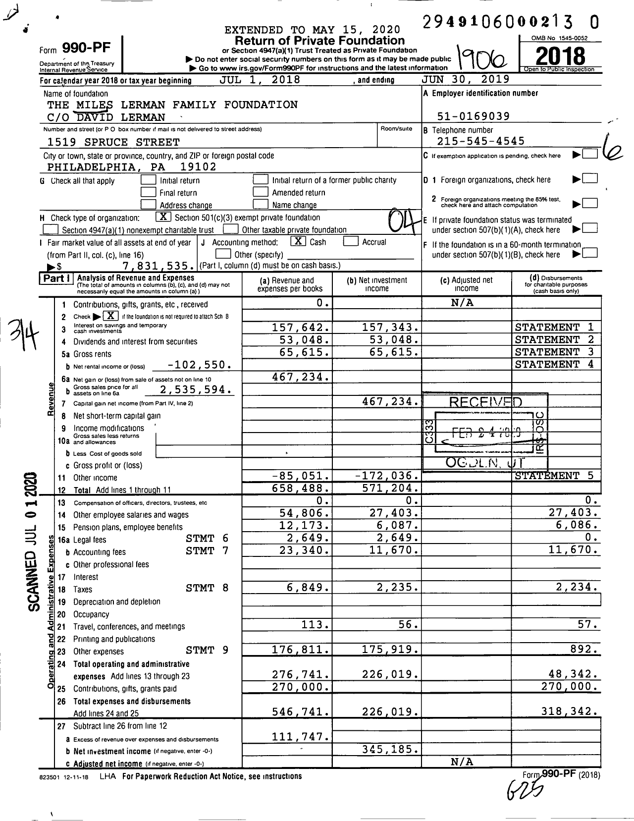 Image of first page of 2018 Form 990PR for The Lerman Family Foundation