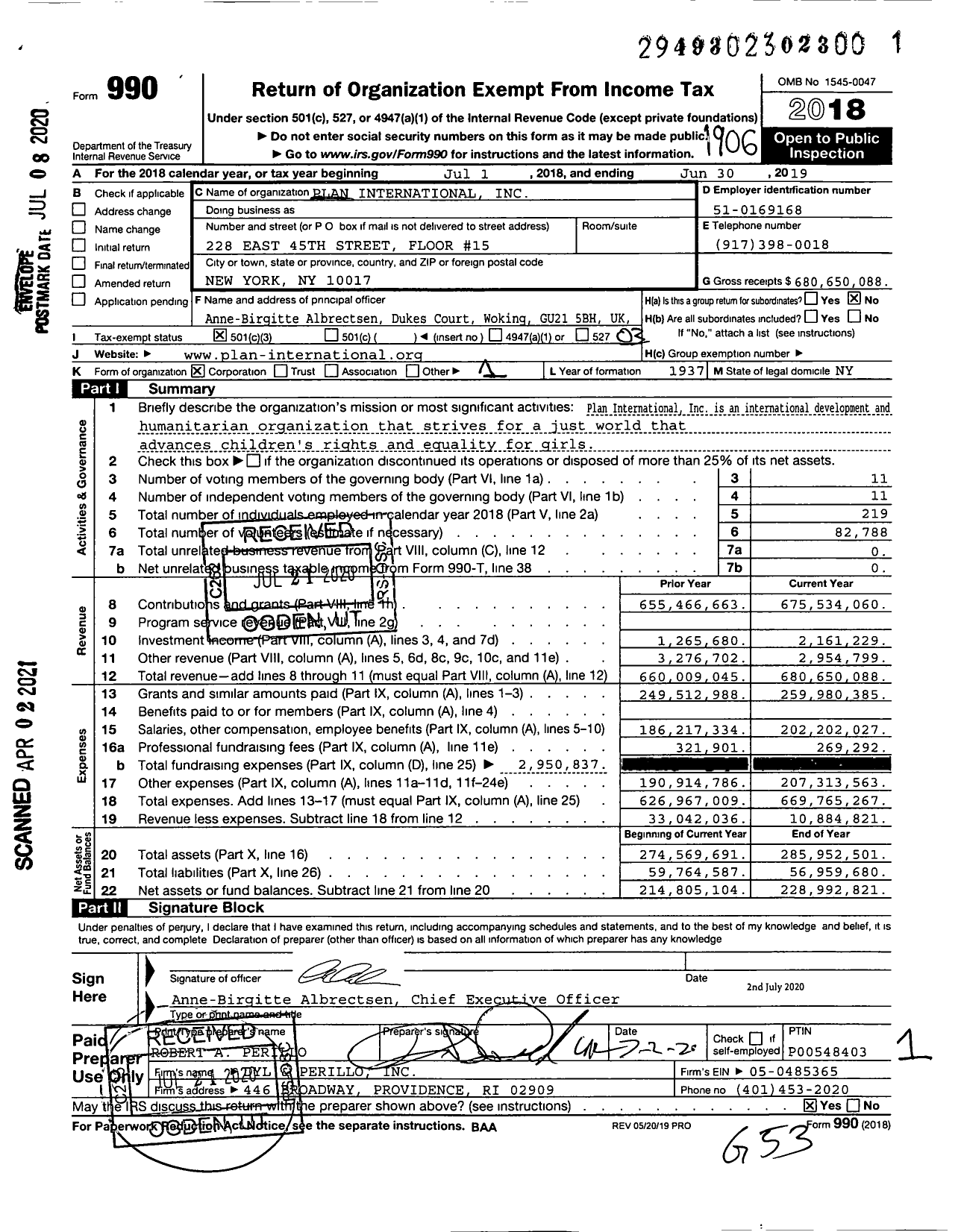 Image of first page of 2018 Form 990 for Plan International
