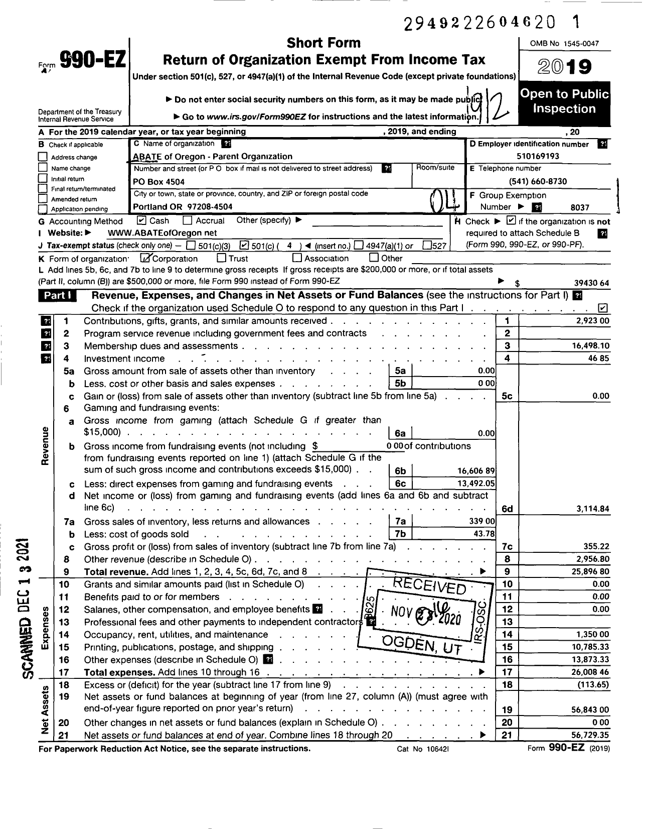 Image of first page of 2019 Form 990EO for ABATE Of Oregon-Parent Organization