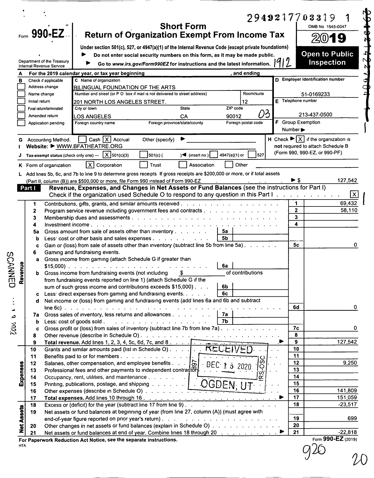 Image of first page of 2019 Form 990EZ for Bilingual Foundation of the Arts