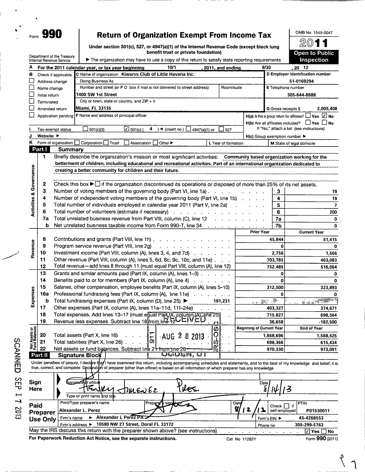 Image of first page of 2011 Form 990O for Kiwanis Club of Little Havana