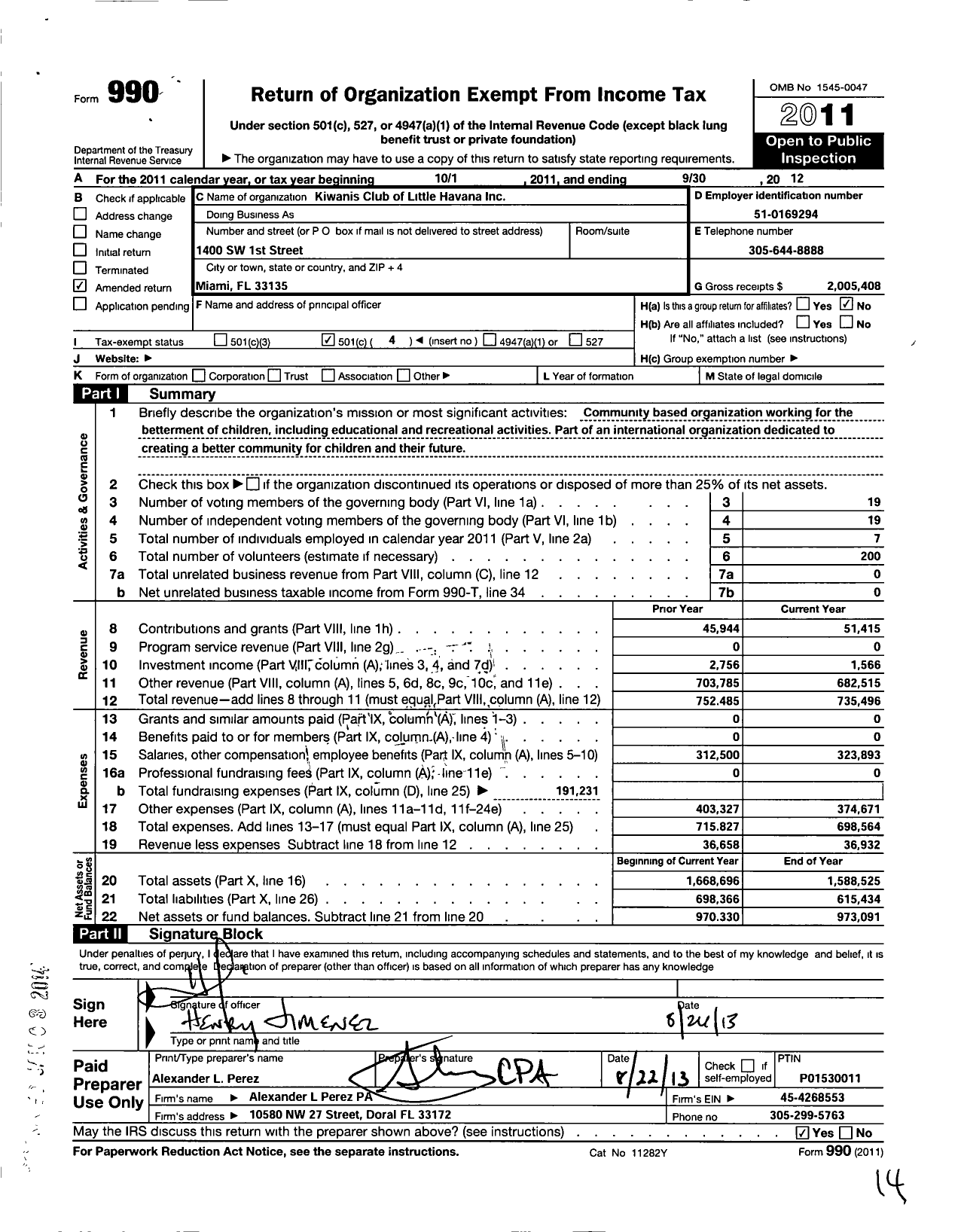 Image of first page of 2011 Form 990O for Kiwanis Club of Little Havana