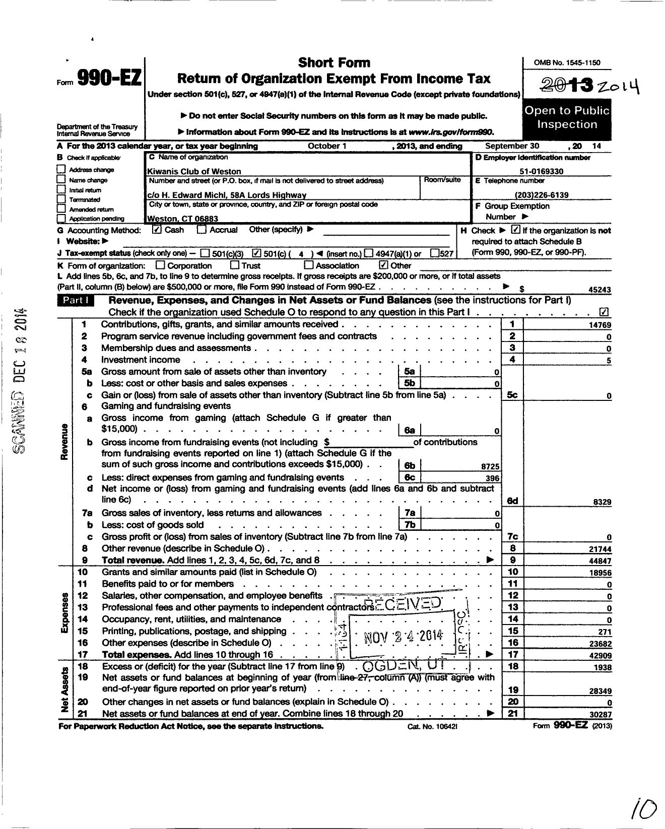 Image of first page of 2013 Form 990EO for Kiwanis International - K07649 Weston