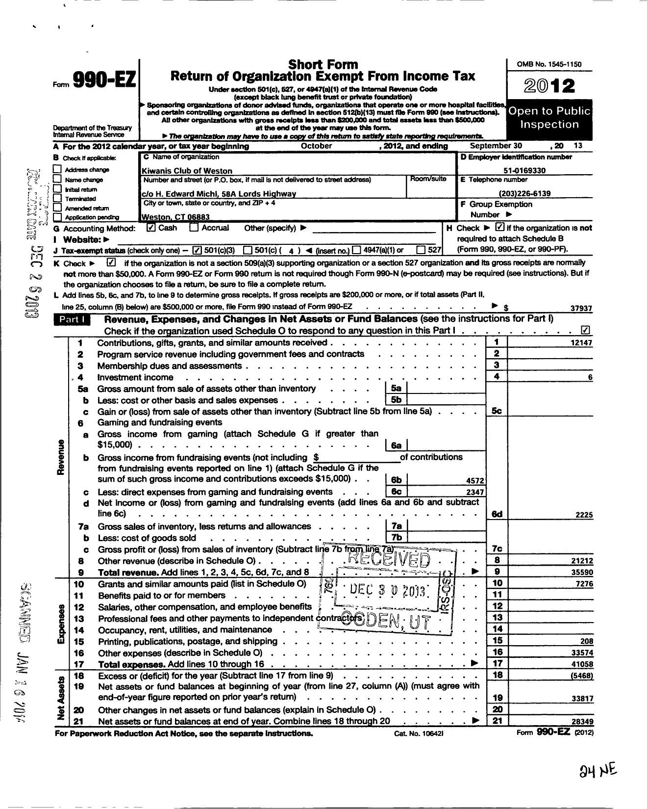 Image of first page of 2012 Form 990EZ for Kiwanis International - K07649 Weston