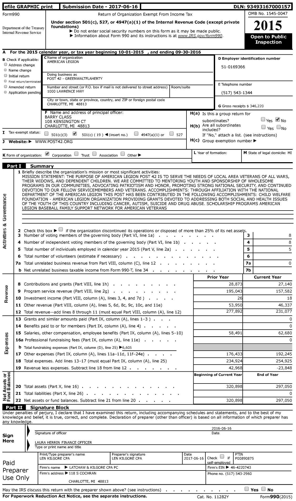 Image of first page of 2015 Form 990 for American Legion Greenwalt Flaherty Post 42