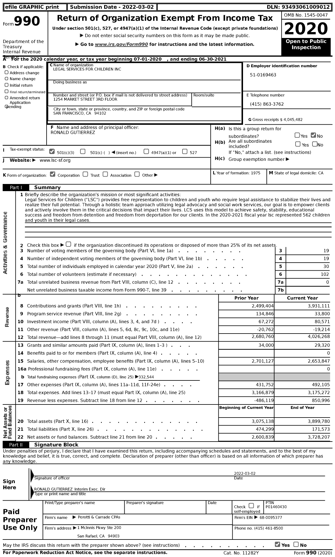 Image of first page of 2020 Form 990 for Legal Services for Children (LSC)