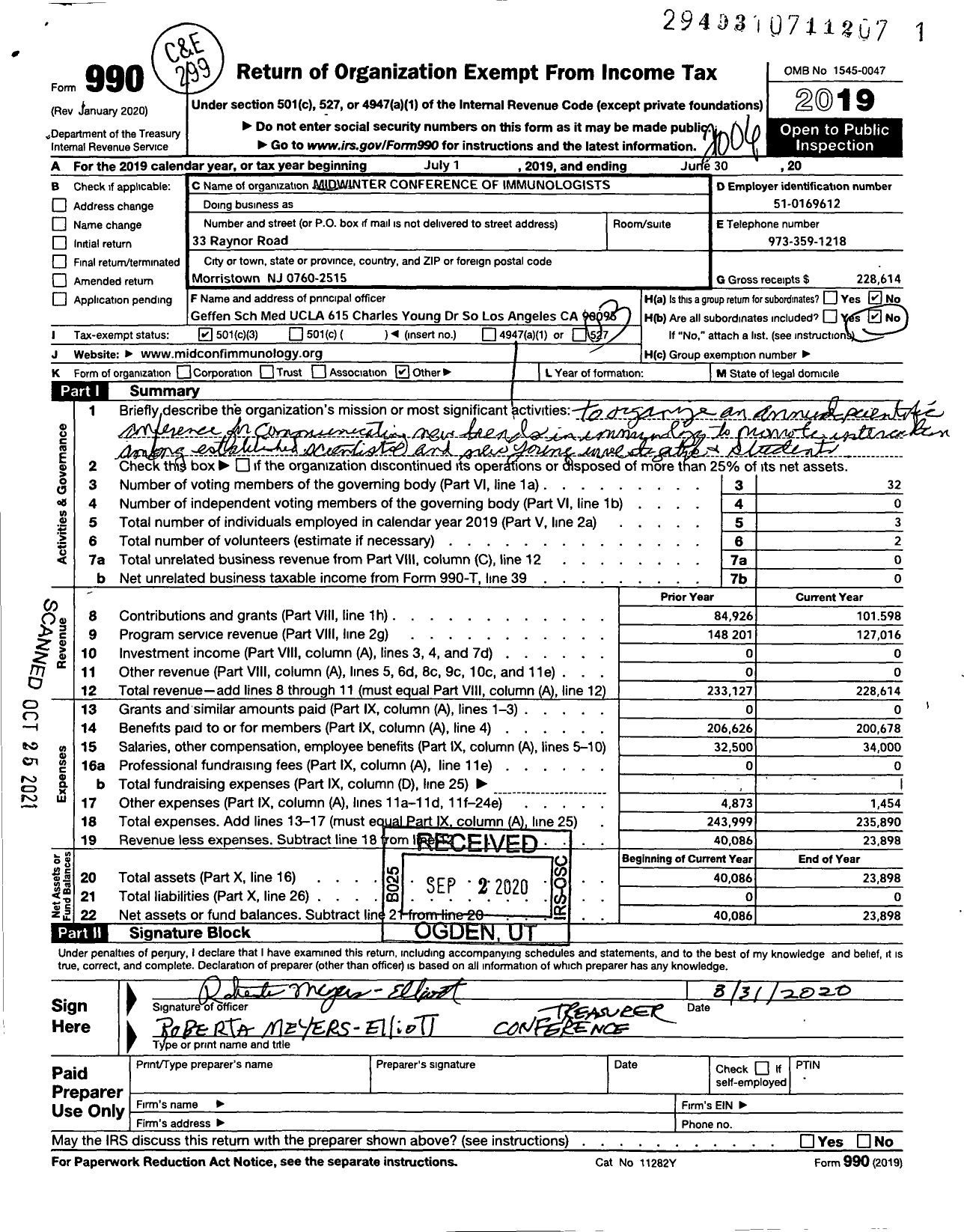 Image of first page of 2019 Form 990 for Midwinter Conference of Immunologists