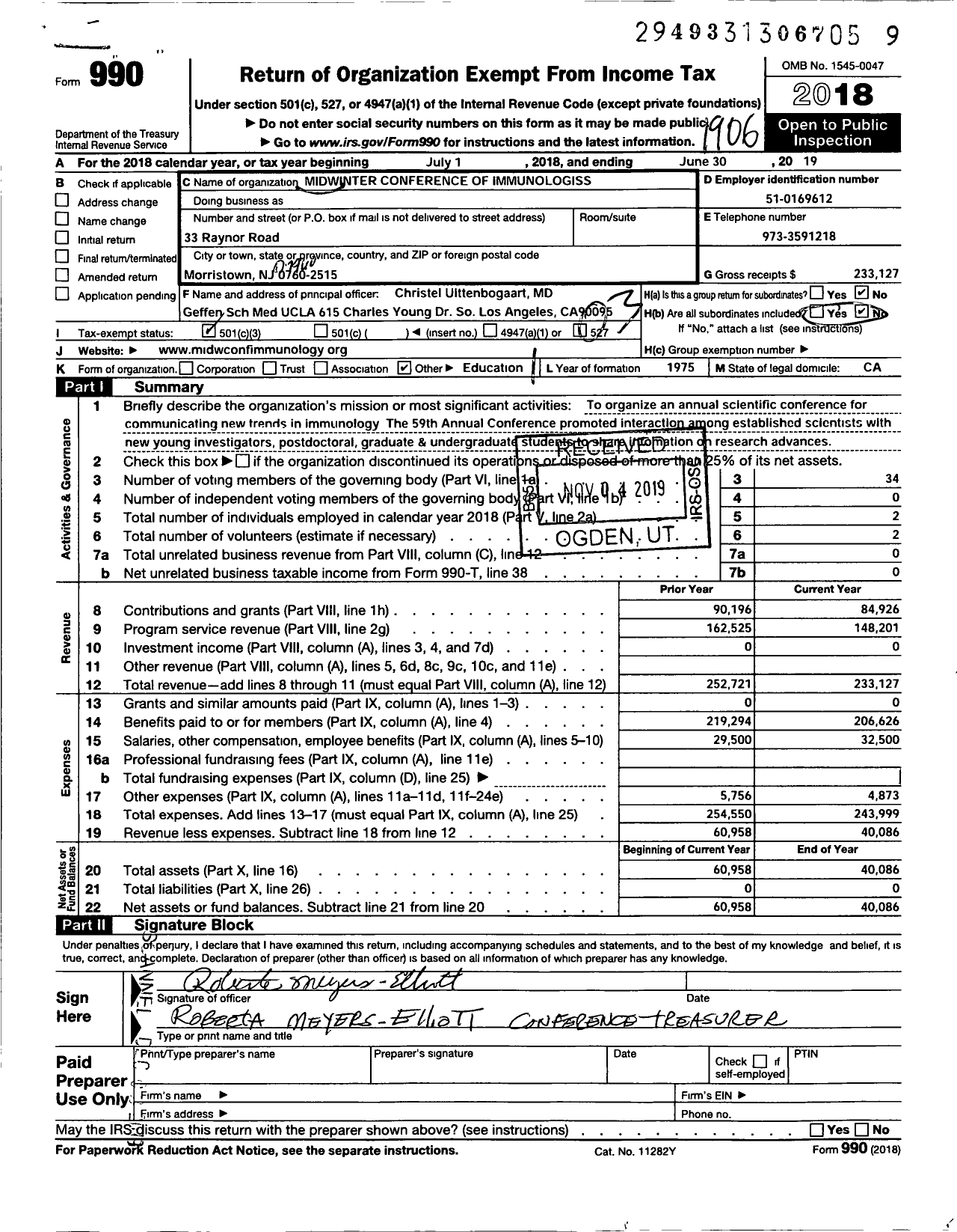 Image of first page of 2018 Form 990 for Midwinter Conference of Immunologists