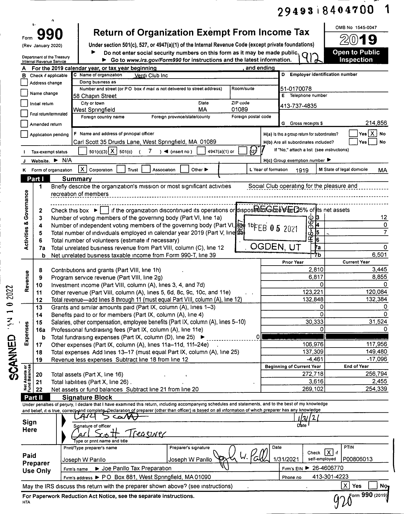 Image of first page of 2019 Form 990O for Verdi Club