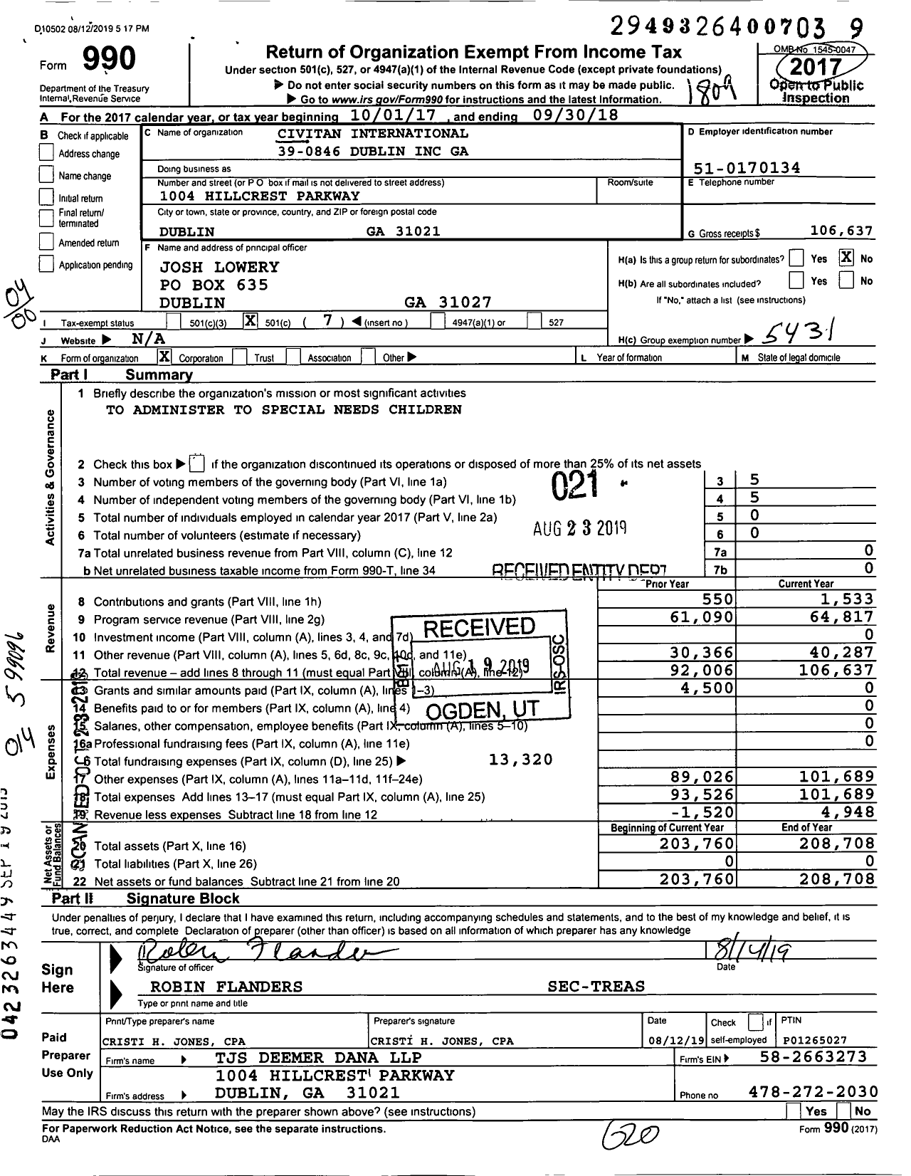 Image of first page of 2017 Form 990O for Civitan International 39-0846 Dublin Ga