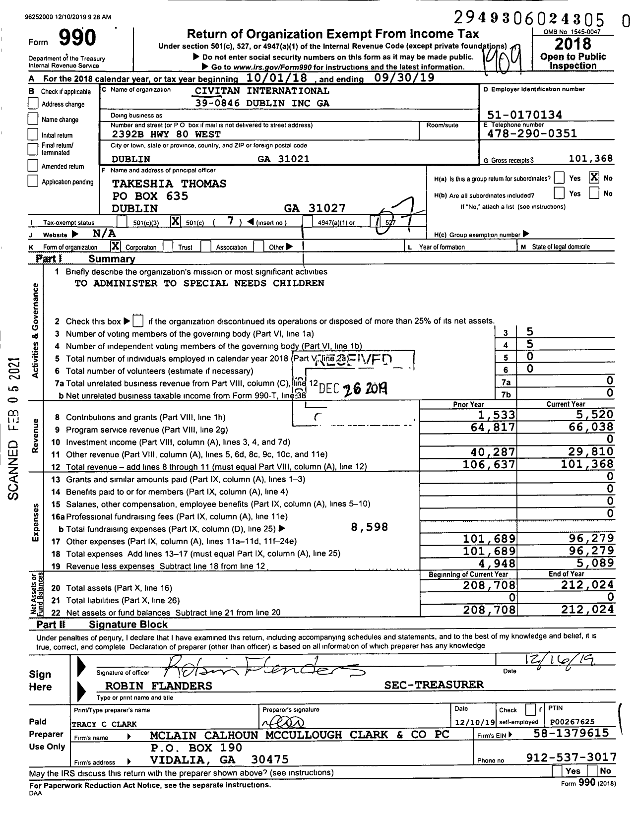 Image of first page of 2018 Form 990O for Civitan International 39-0846 Dublin Ga