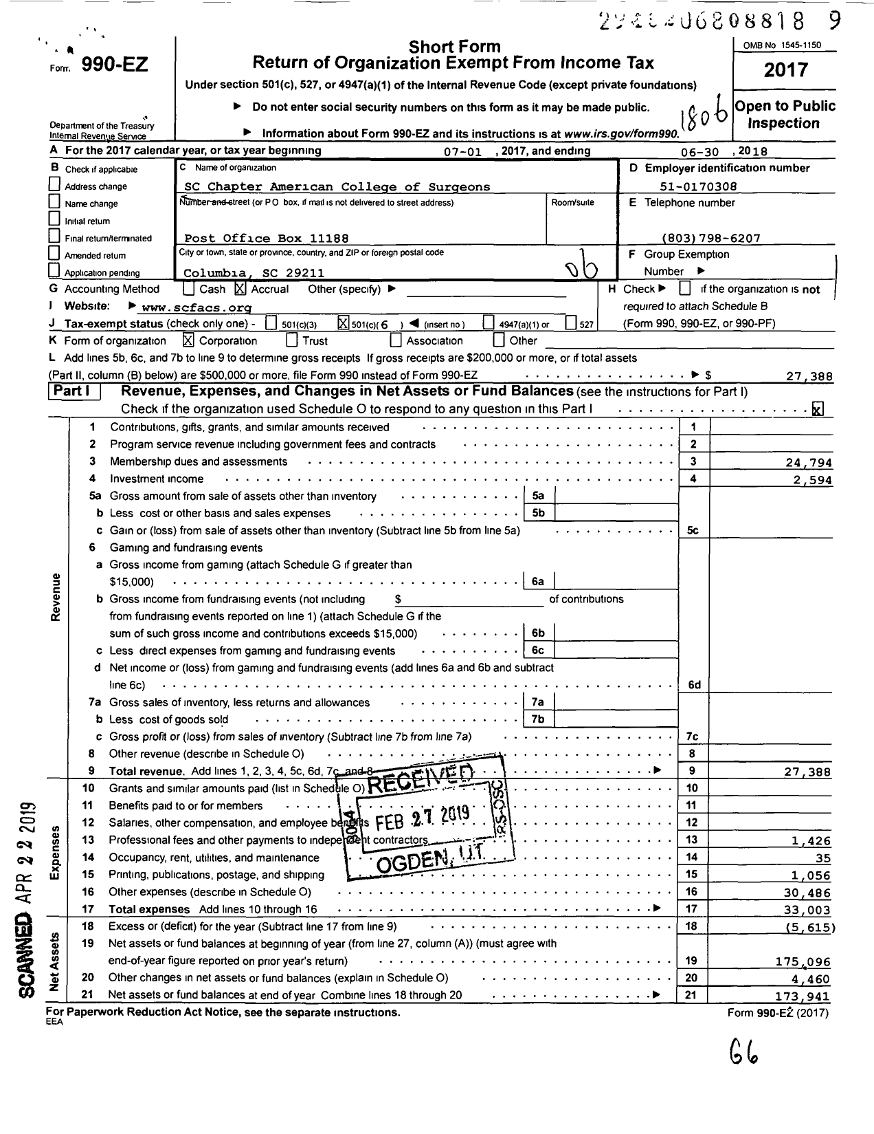 Image of first page of 2017 Form 990EO for South Carolina Chapter of the American College of Surgeons