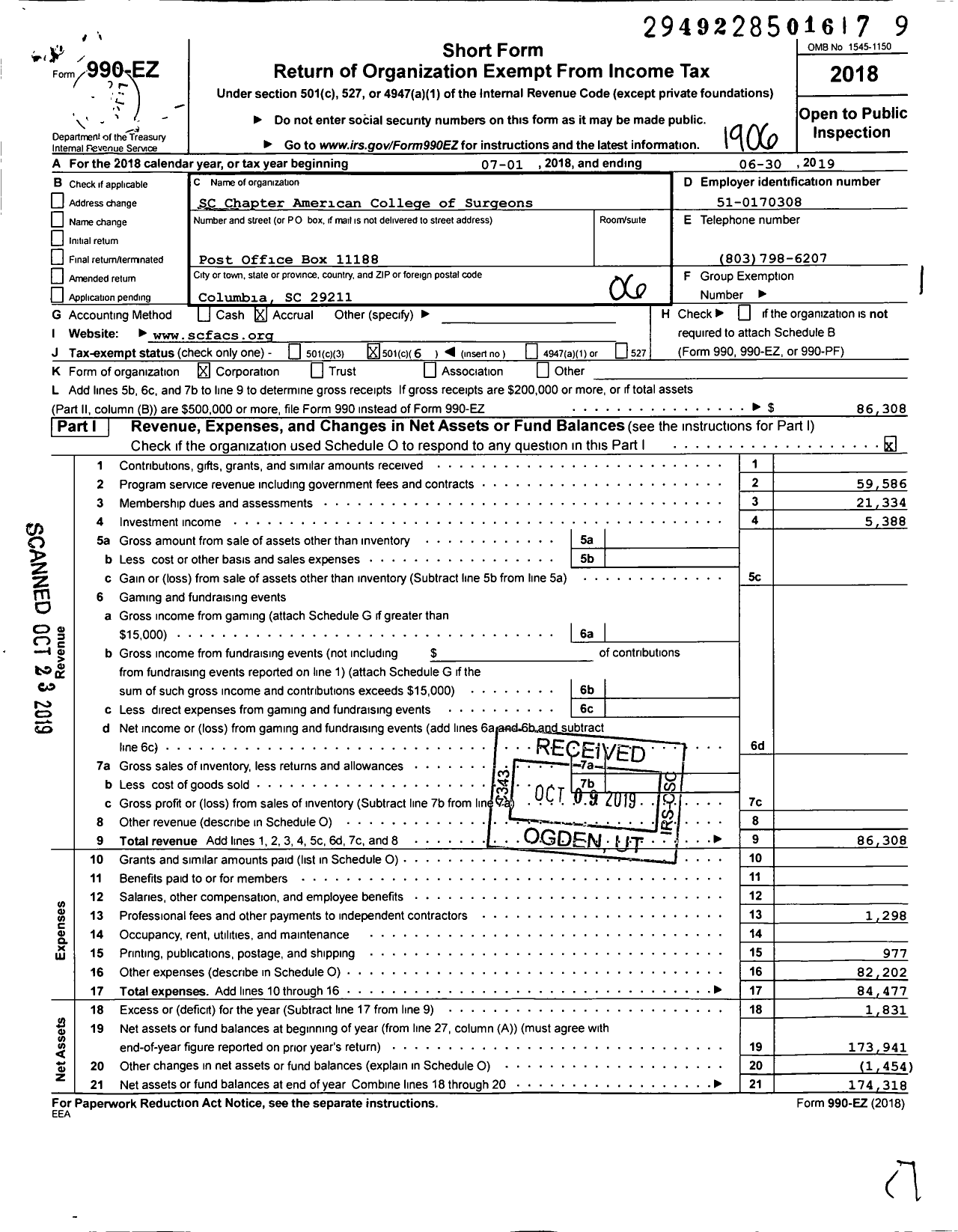 Image of first page of 2018 Form 990EO for South Carolina Chapter of the American College of Surgeons