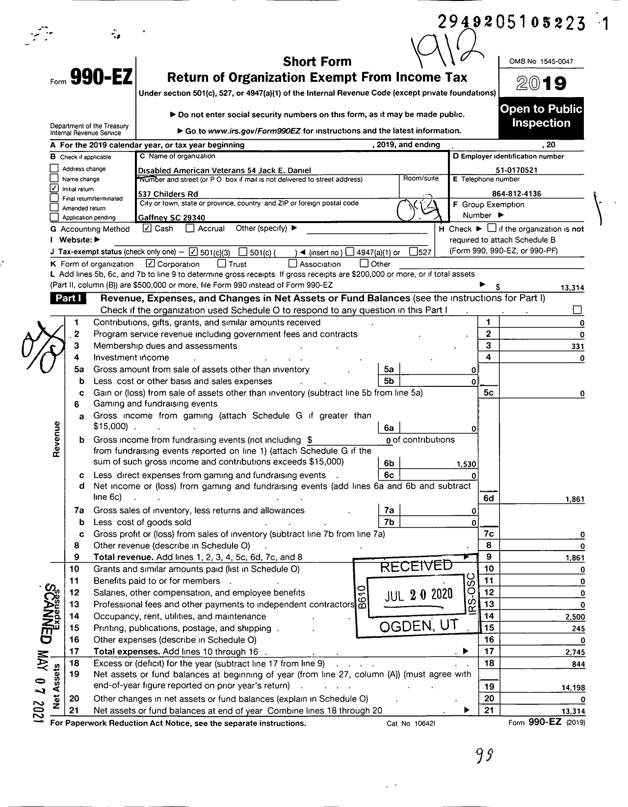 Image of first page of 2019 Form 990EO for Disabled American Veterans - 54 Jack E Daniel